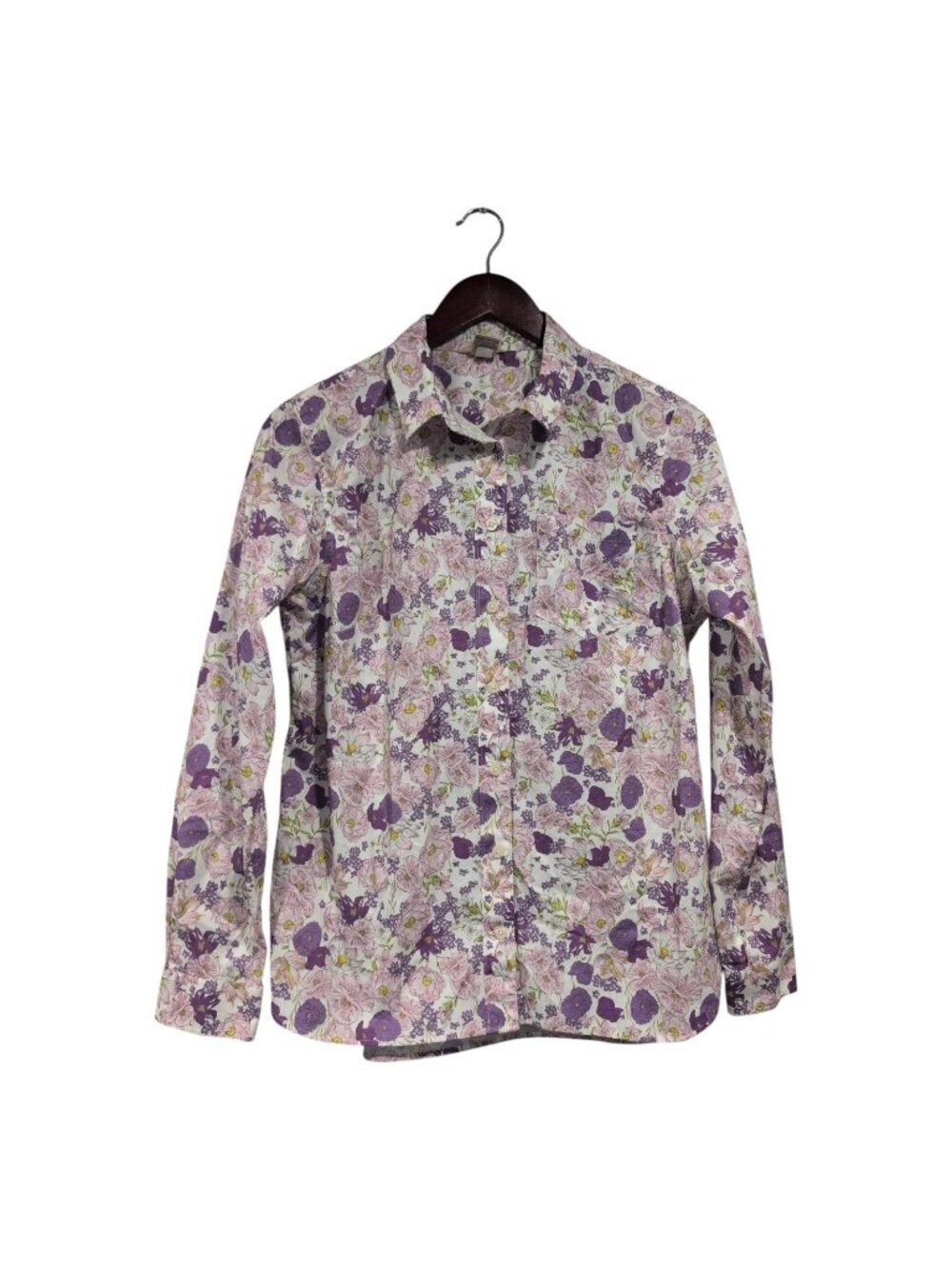Duluth Trading Co Shirt Womens M Wrinklefighter Purple Floral Print Button Down